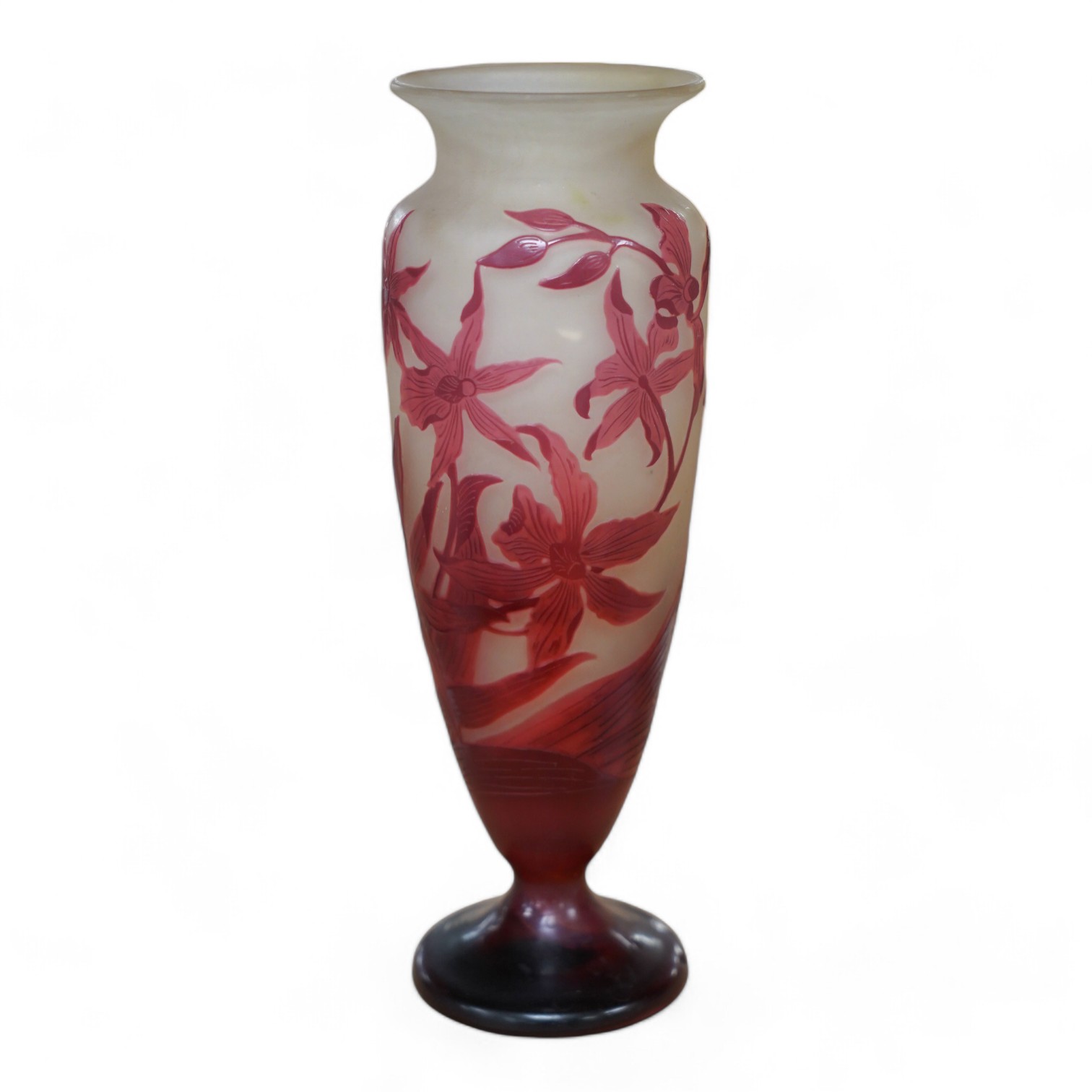 A Gallé red iris vase, 20cm high. Condition - fair to good minor scratches to base etc.